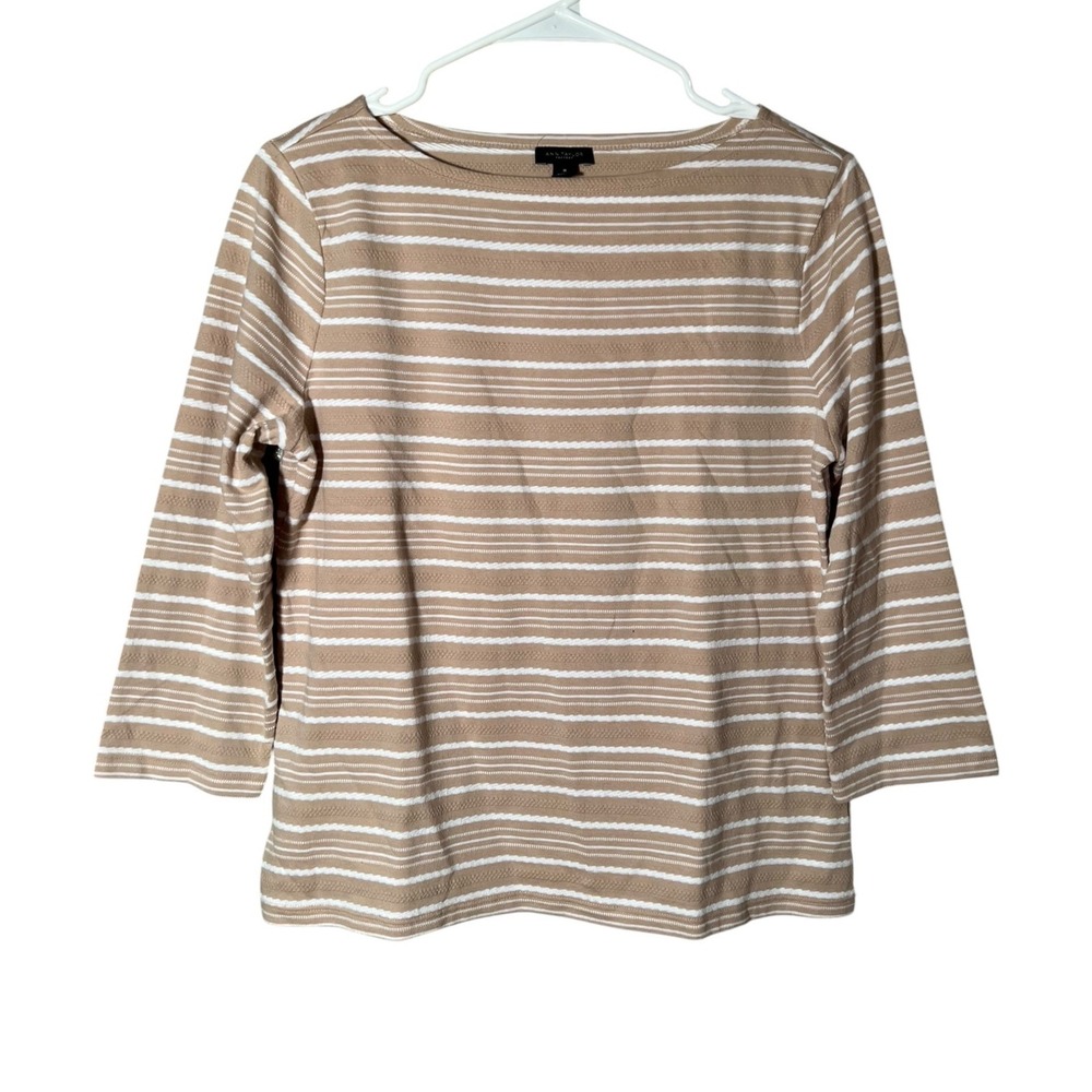 Ann Taylor Women's Size Medium Boat Neck T-Shirt 3/4 Sleeve Beige White Stripes